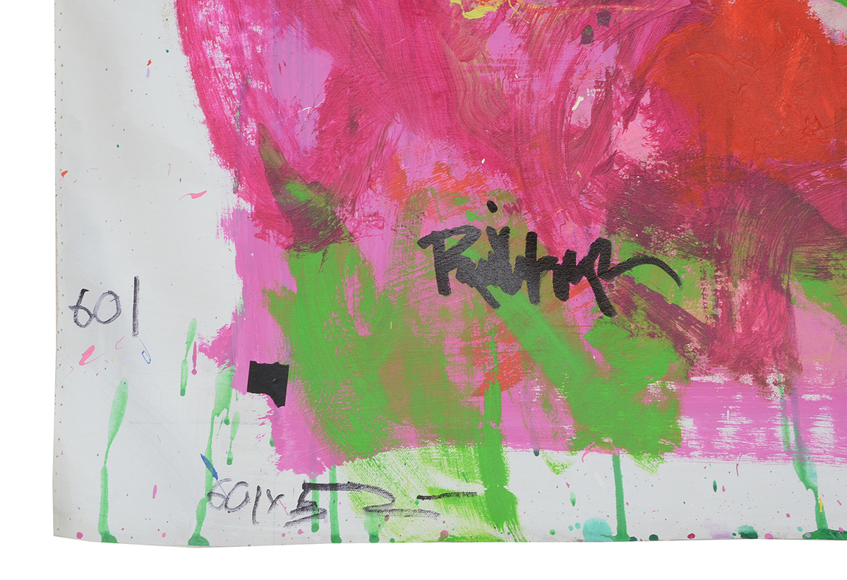 Robbie Kemper Original Abstract Acrylic Painting on Non-Stretched Canvas "Yellow, Pink & Orange Dots in Lime"