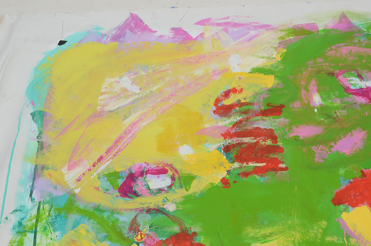 Robbie Kemper Original Abstract Acrylic Painting on Non-Stretched Canvas "Yellow, Pink & Orange Dots in Lime"