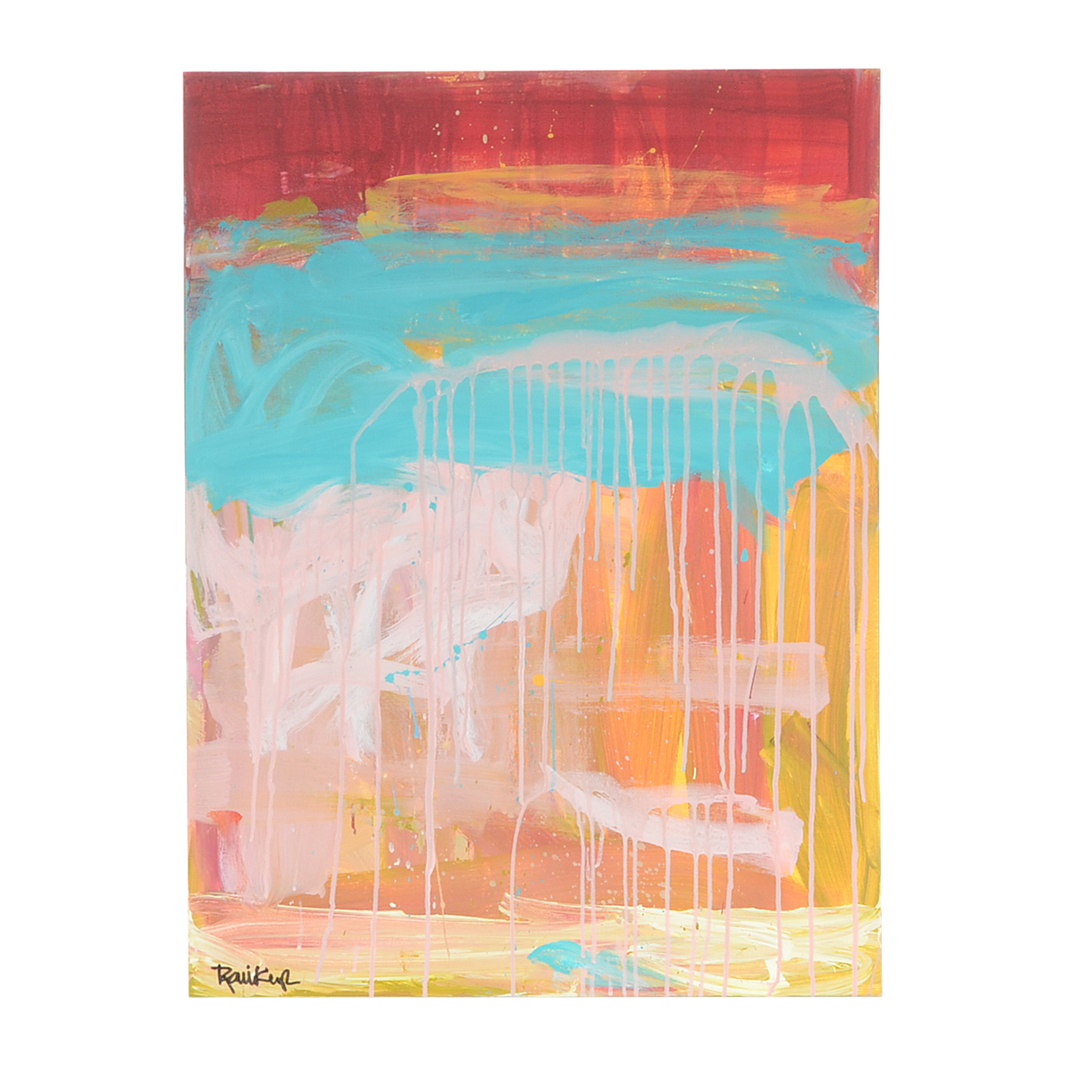 Robbie Kemper Original Abstract Acrylic Painting on Canvas "Red Band Turquoise Shape"