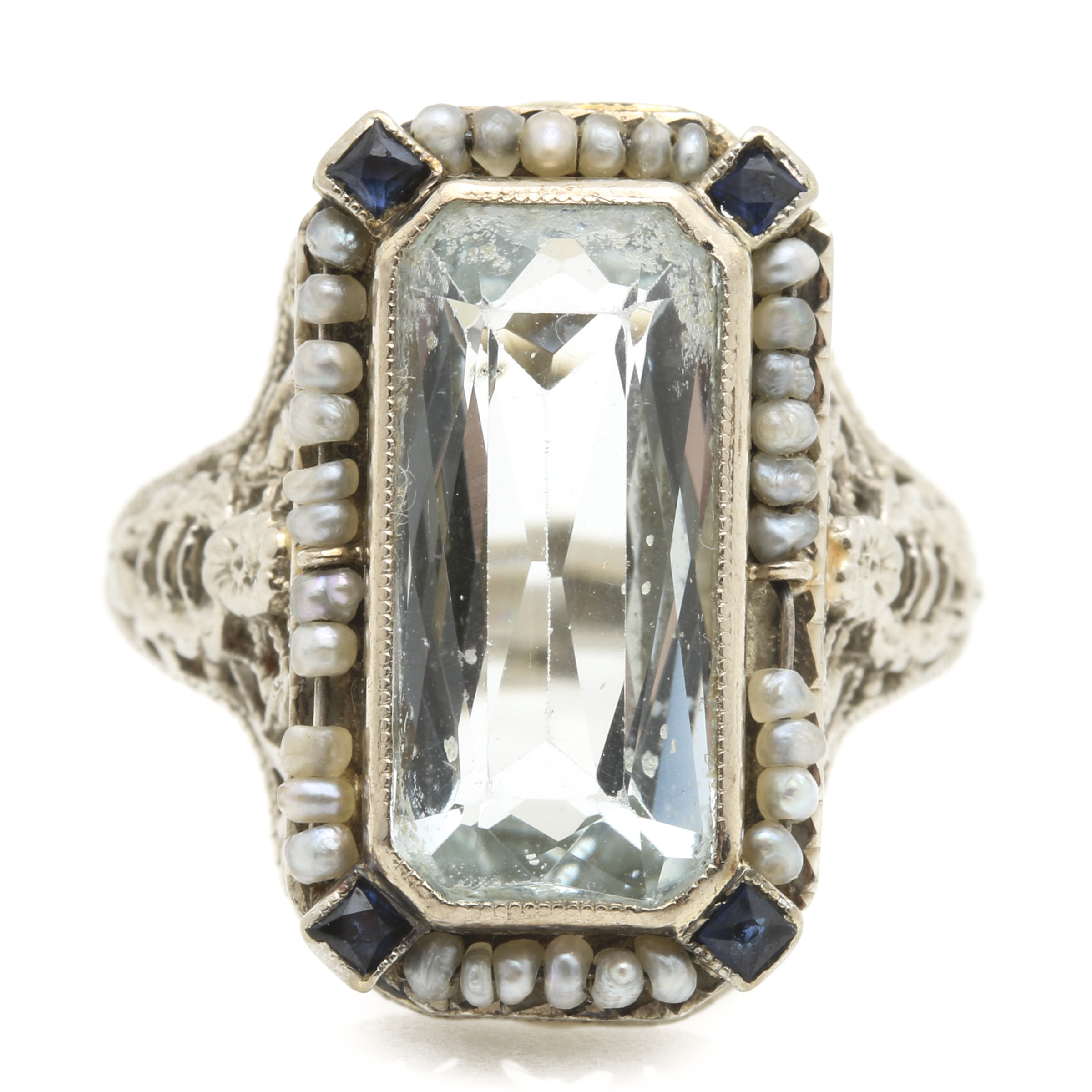 Vintage 14K White Gold Aquamarine, Sapphire, and Pearl Filigree Ring