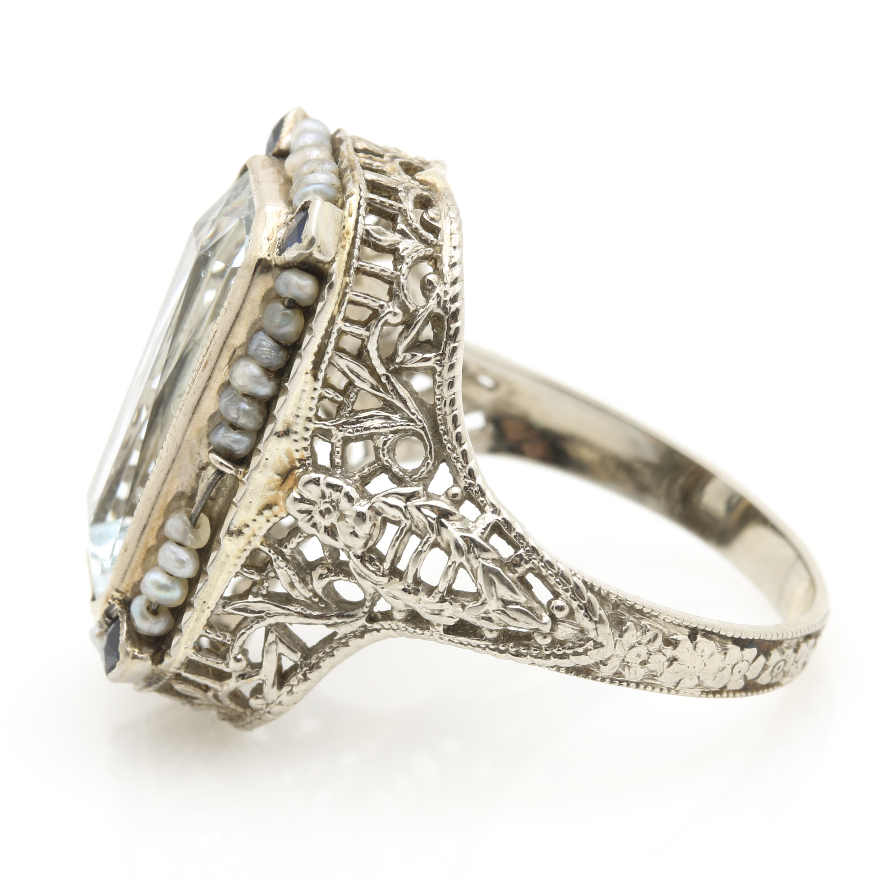 Vintage 14K White Gold Aquamarine, Sapphire, and Pearl Filigree Ring