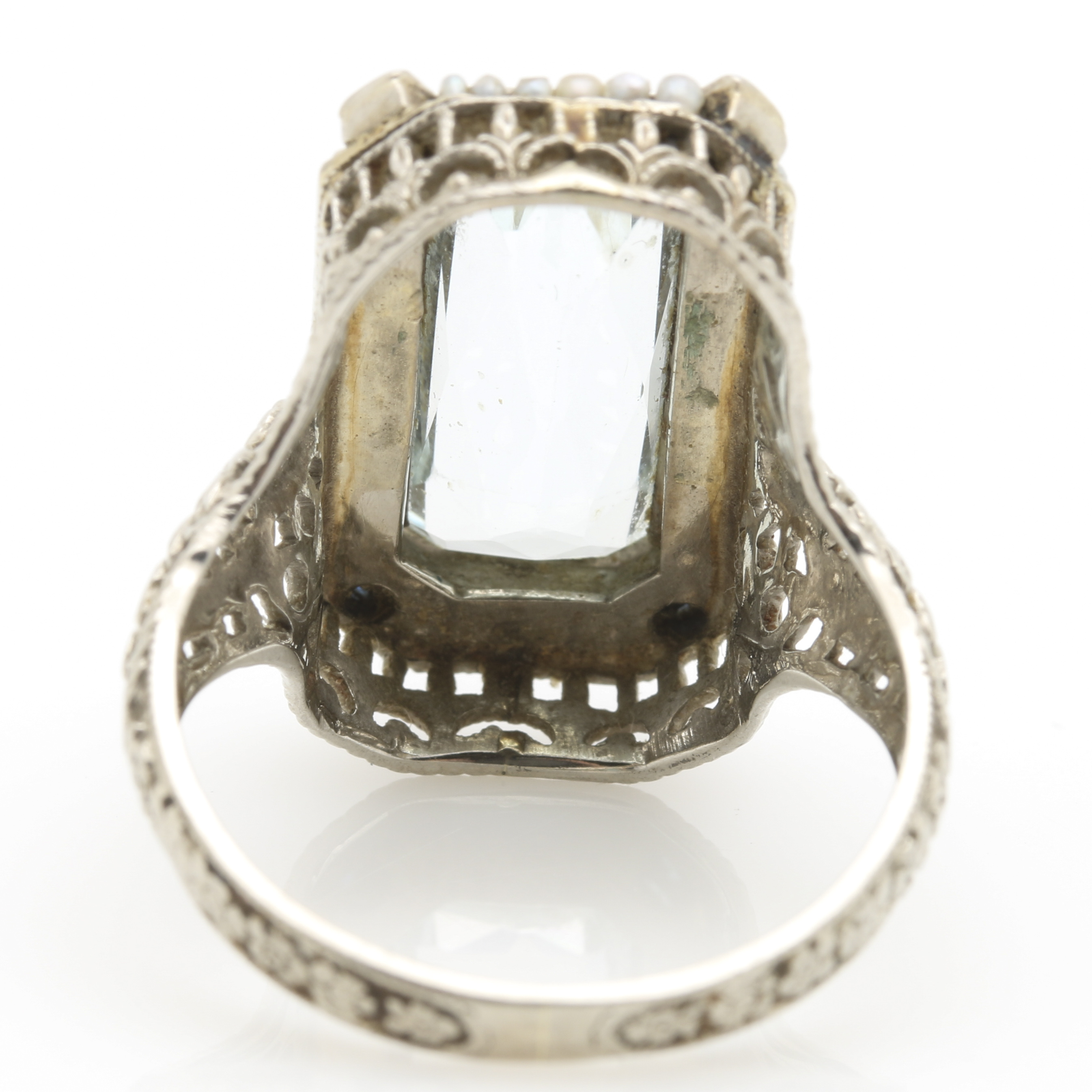 Vintage 14K White Gold Aquamarine, Sapphire, and Pearl Filigree Ring