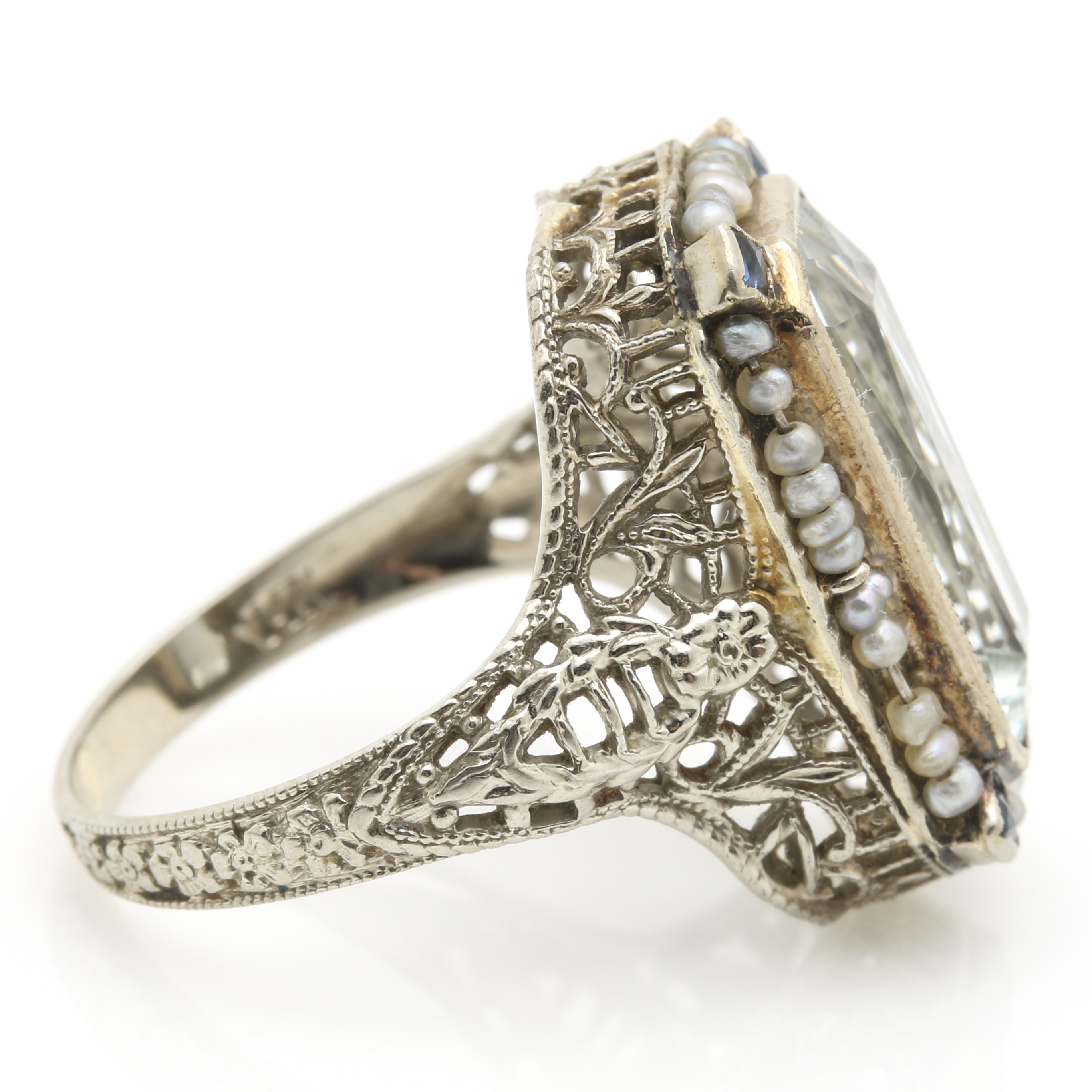 Vintage 14K White Gold Aquamarine, Sapphire, and Pearl Filigree Ring