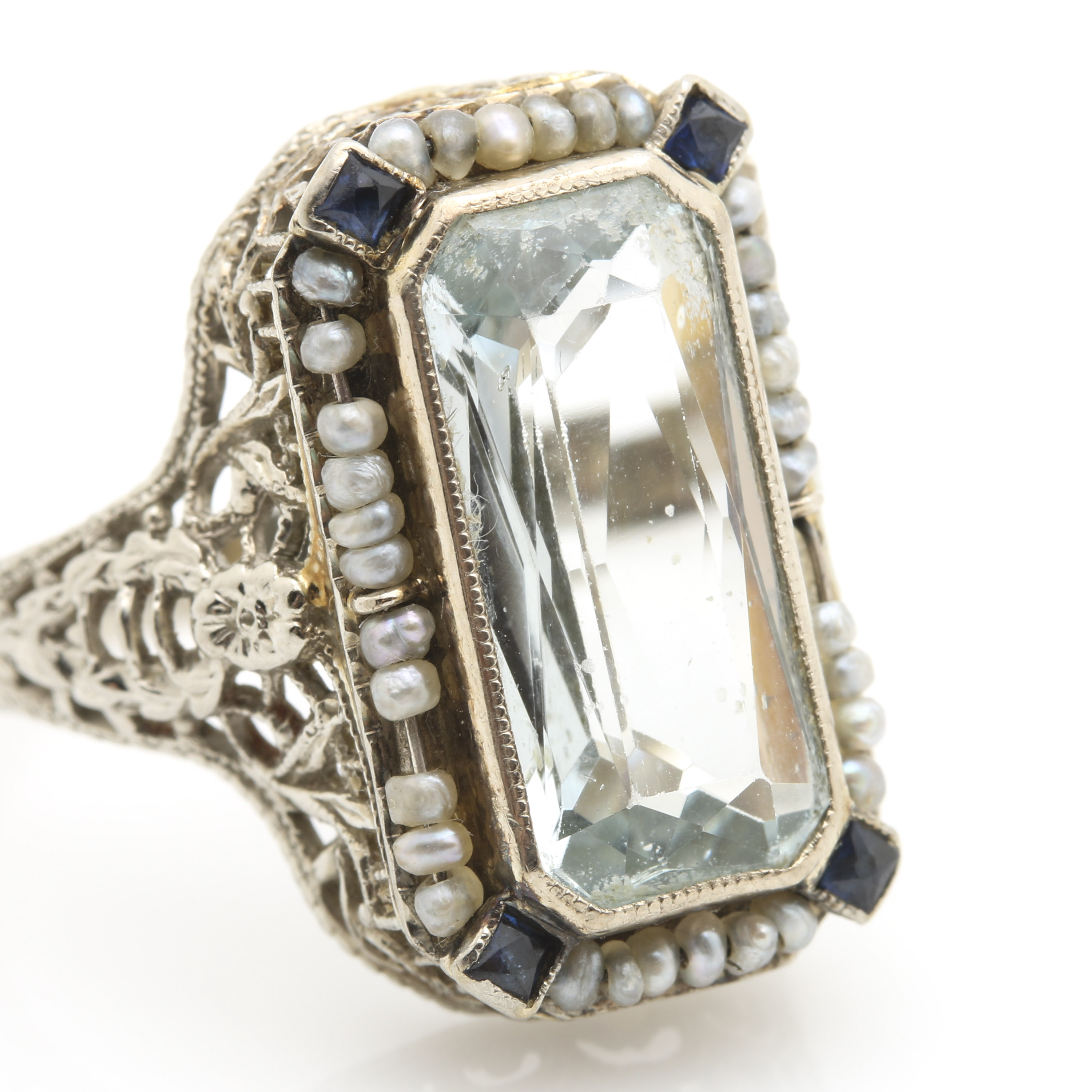 Vintage 14K White Gold Aquamarine, Sapphire, and Pearl Filigree Ring