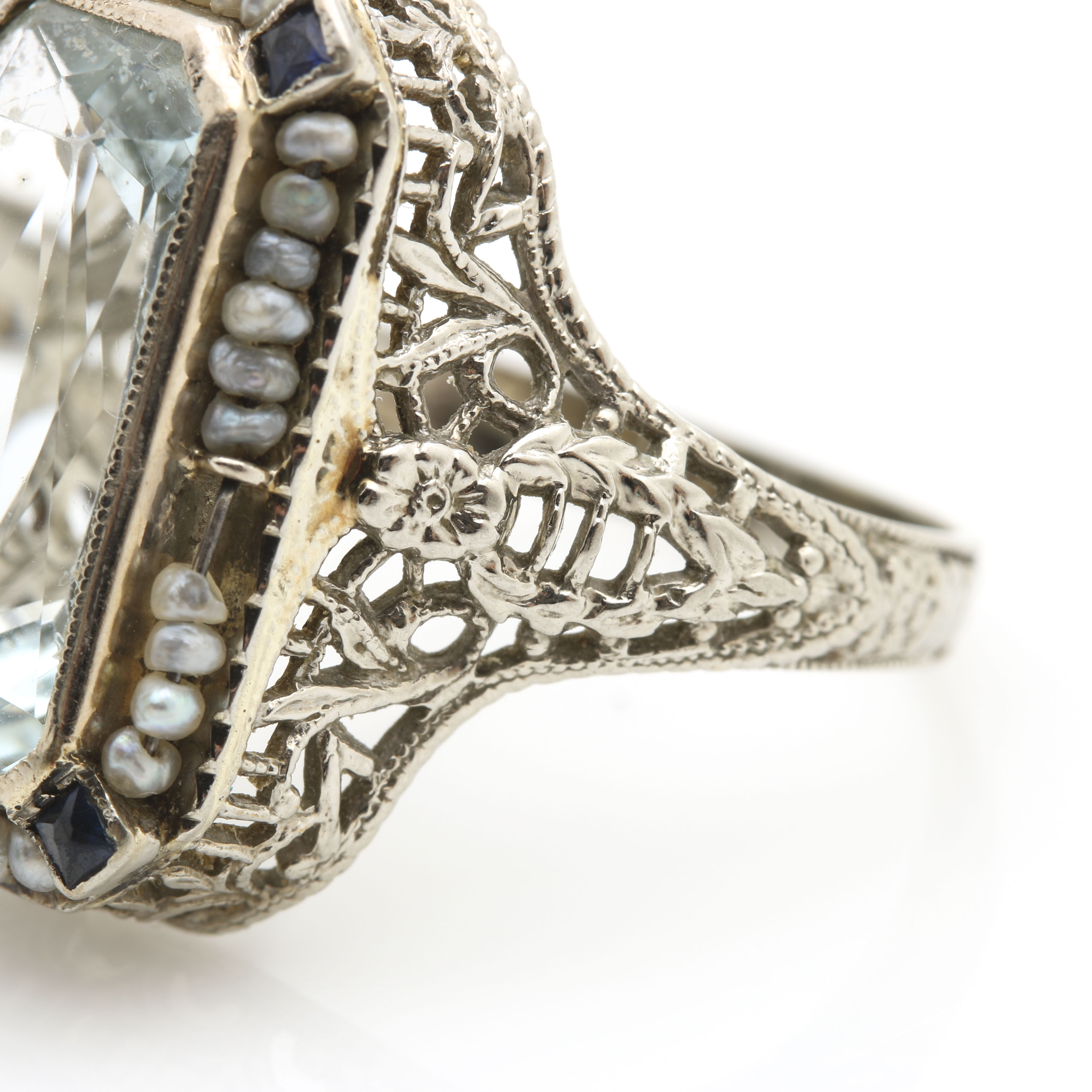 Vintage 14K White Gold Aquamarine, Sapphire, and Pearl Filigree Ring
