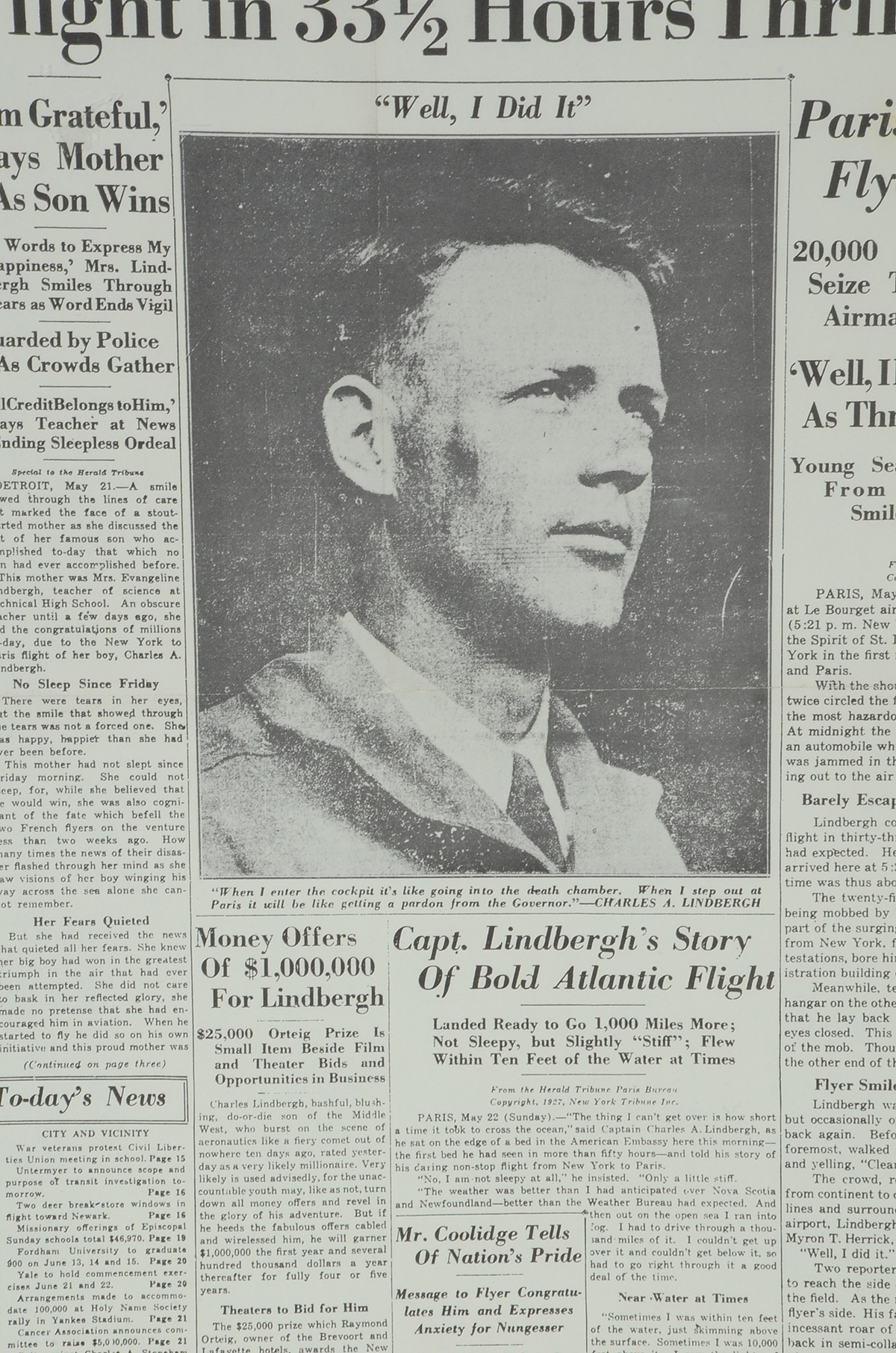 Reproduction of 1927 "New York Herald Tribune" Announcing Lindbergh Flight