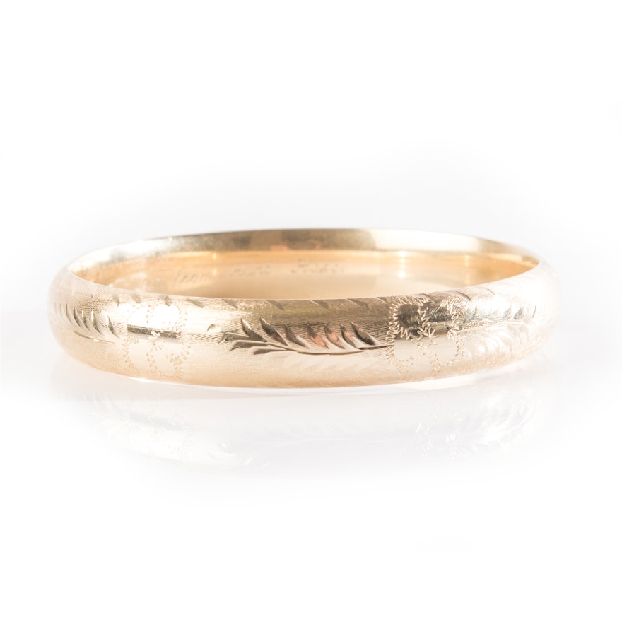 14K Yellow Gold Etched Bangle Bracelet with Floral and Wheat Motif