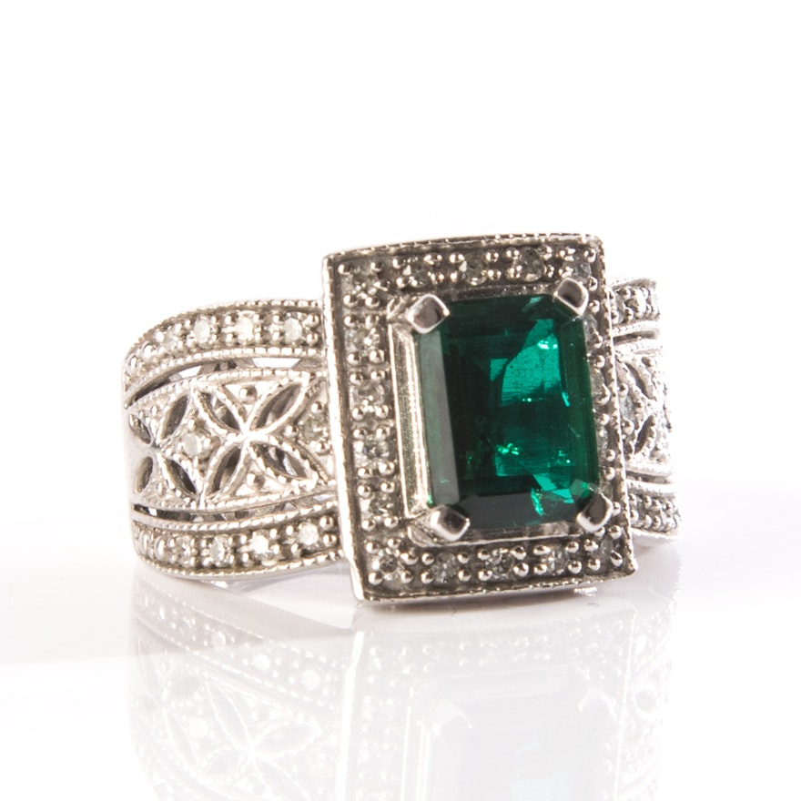 Sterling Silver Diamond Cocktail Ring with Lab Created Emerald