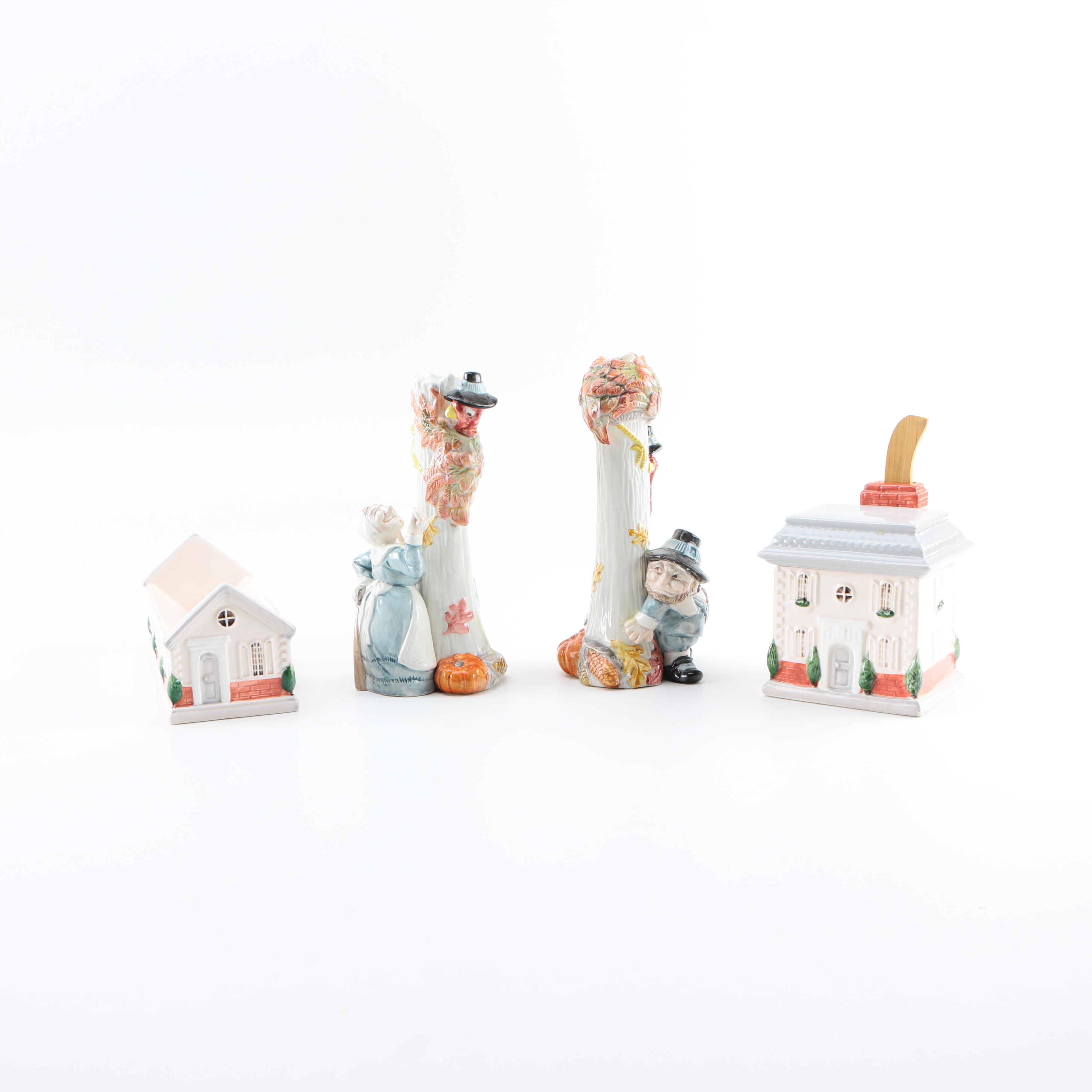 Vintage Ceramic Fitz and Floyd Candleholders and Butter Dishes