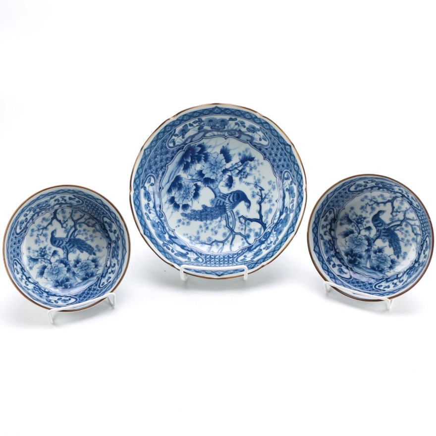 Japanese Blue and White Peacock Bowl Set