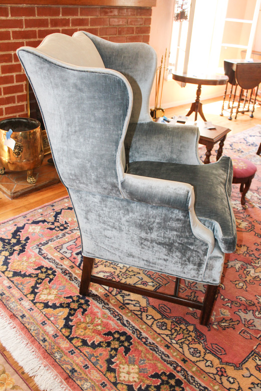 Blue Velvet Chippendale Style Wingback Chair