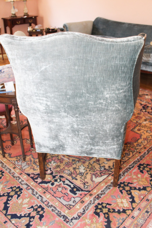 Blue Velvet Chippendale Style Wingback Chair