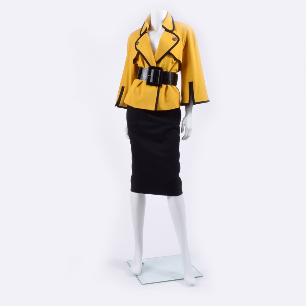 Robert Rodriguez Wool Skirt with Mustard Yellow Jacket and Patent Leather Belt
