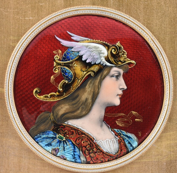 French Limoges Foil Enamel Valkyrie Portrait by Theophile Soyer