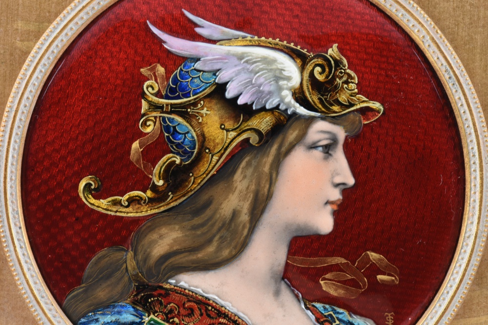 French Limoges Foil Enamel Valkyrie Portrait by Theophile Soyer