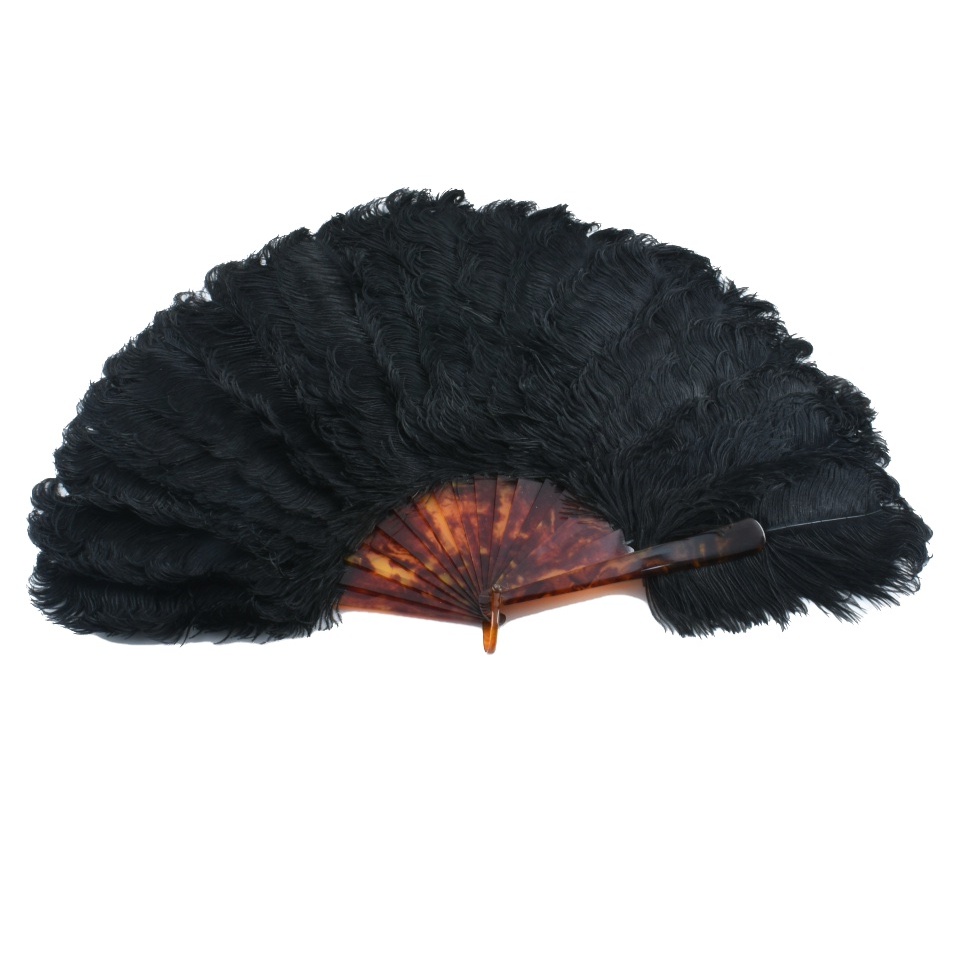 Circa 1920 Black Ostrich Feather Fan with Celluloid Sticks