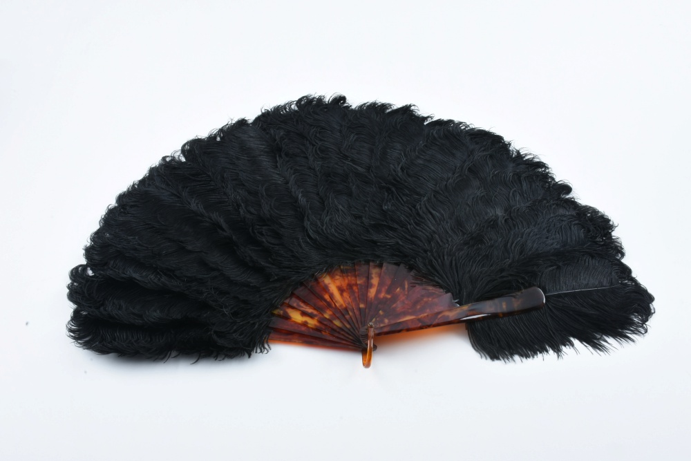 Circa 1920 Black Ostrich Feather Fan with Celluloid Sticks