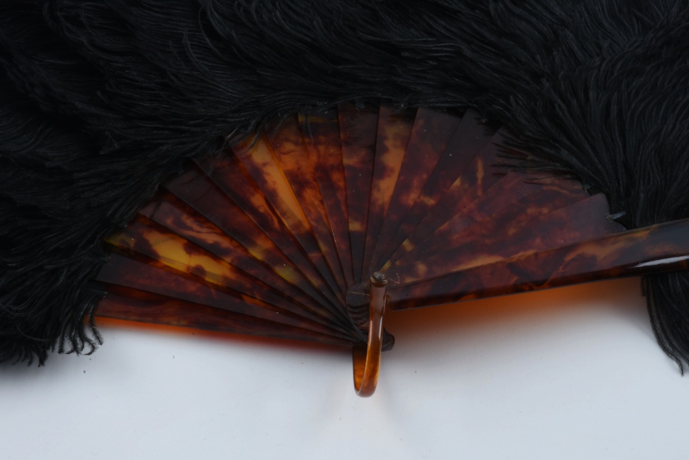 Circa 1920 Black Ostrich Feather Fan with Celluloid Sticks