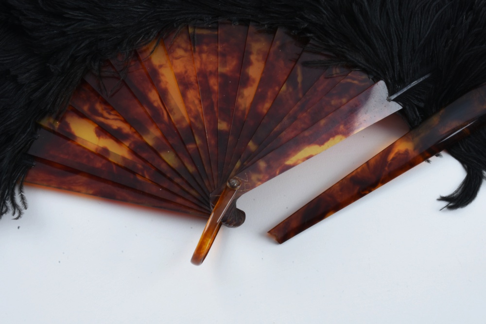 Circa 1920 Black Ostrich Feather Fan with Celluloid Sticks