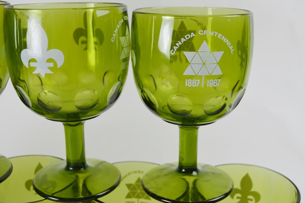 Vintage Canada Centennial Green Glass Goblets