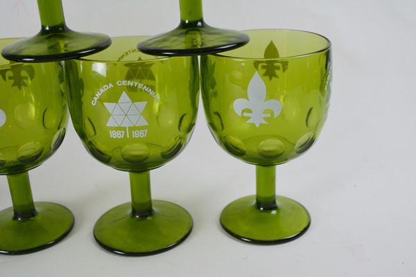 Vintage Canada Centennial Green Glass Goblets