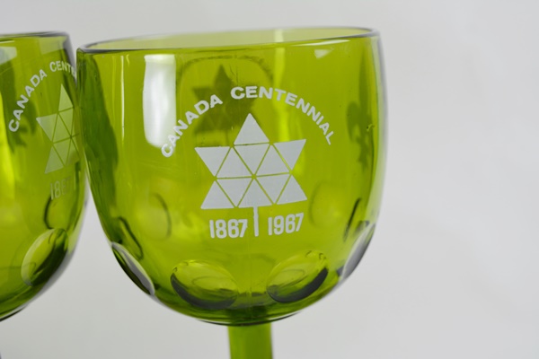 Vintage Canada Centennial Green Glass Goblets