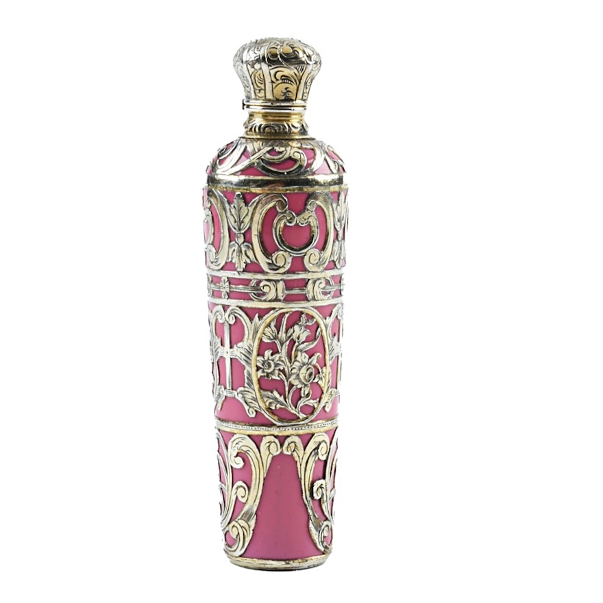 Late 19th Century Pink Scent Bottle with 800 Silver Overlay