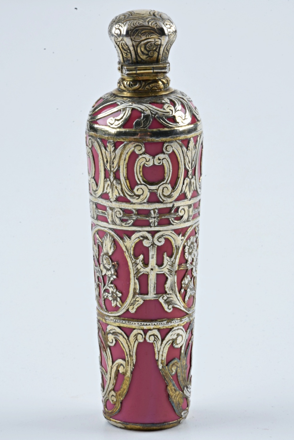 Late 19th Century Pink Scent Bottle with 800 Silver Overlay