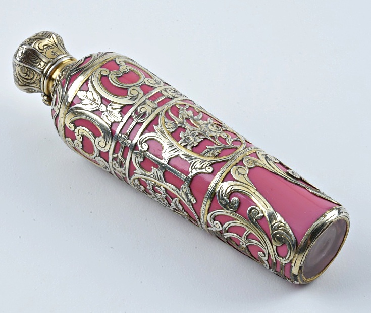Late 19th Century Pink Scent Bottle with 800 Silver Overlay