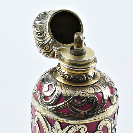 Late 19th Century Pink Scent Bottle with 800 Silver Overlay