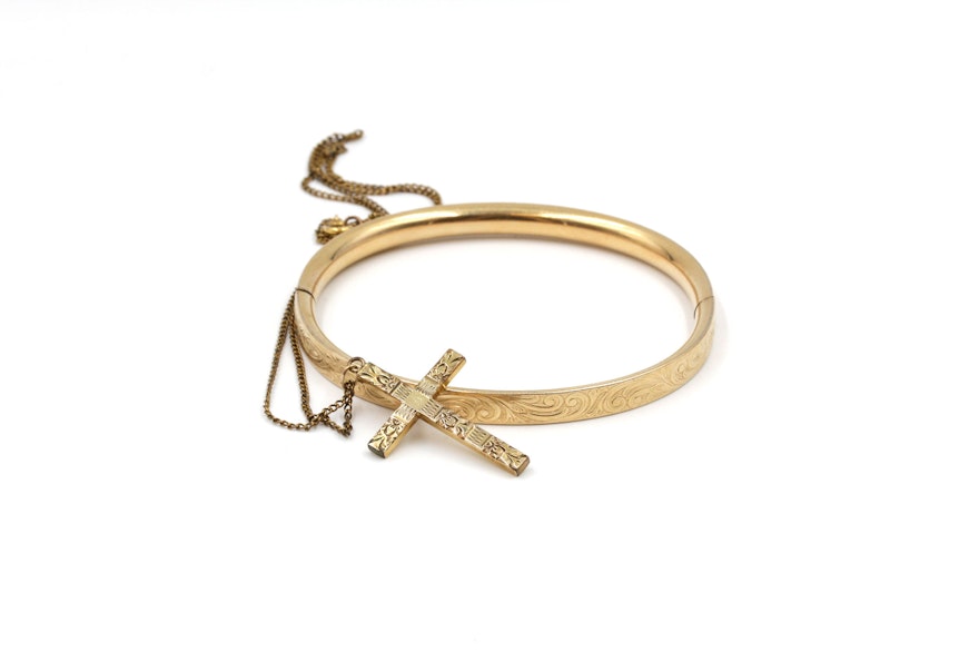 12K Gold Filled Cross Pendant Necklace and Bangle