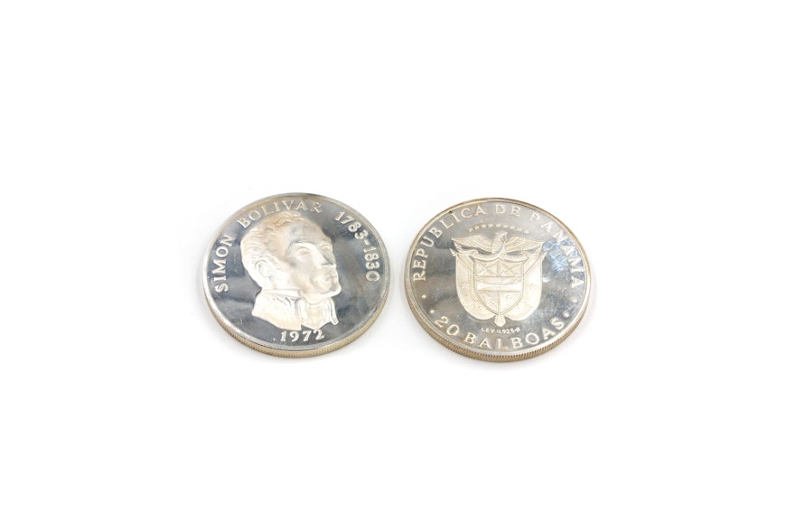 Two Large Silver Simon Bolivar Republica de Panama 20 Balboas