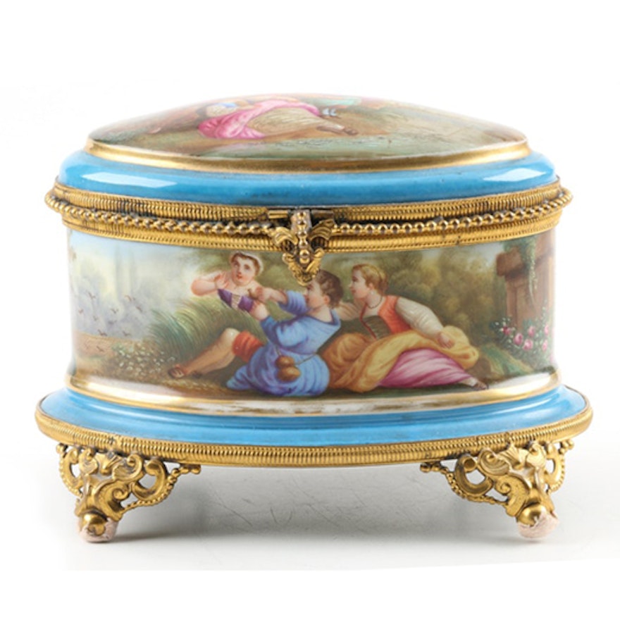 19th Century Hand Painted Sevres Style Porcelain Sewing Box