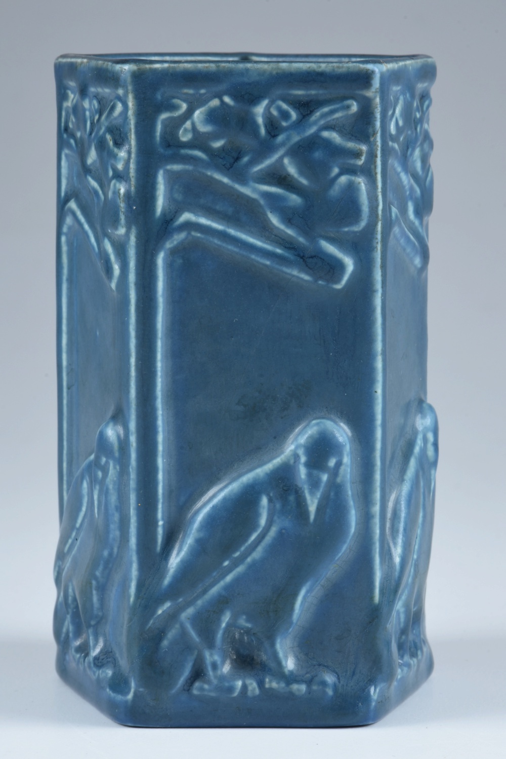 Circa 1926 Rookwood Five Sided Raven Vase in Blue Glaze