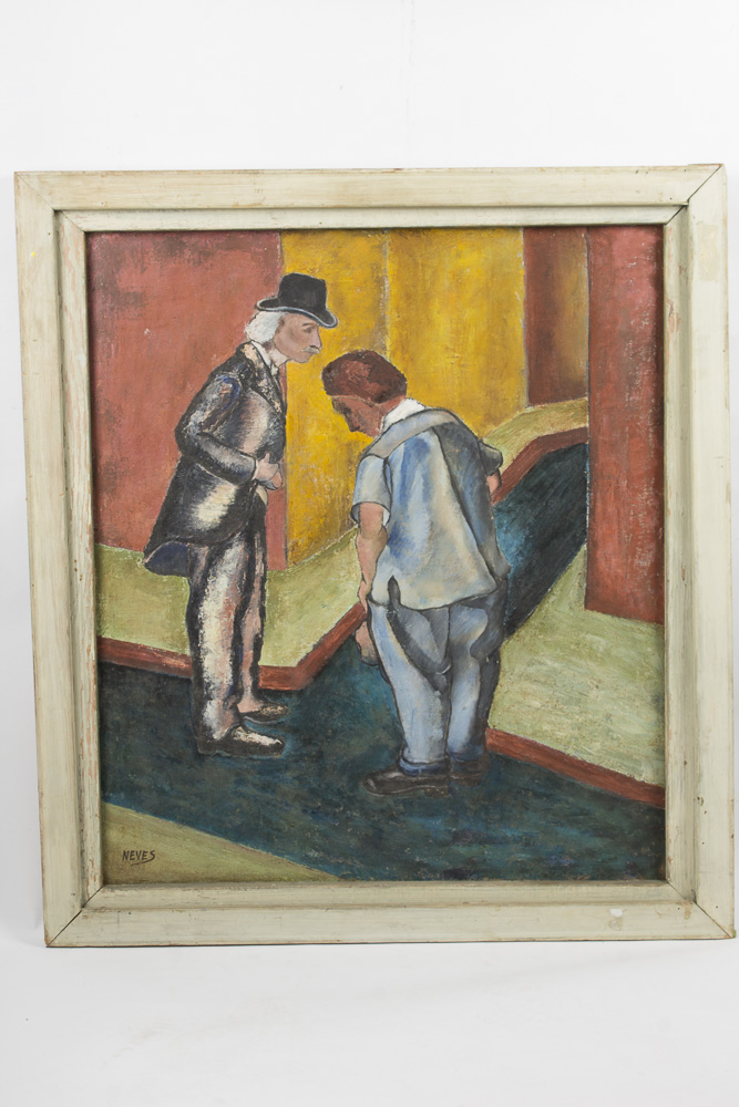 Neves Painting on Canvas of Two Figures Meeting on a Blue Street