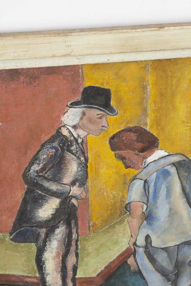 Neves Painting on Canvas of Two Figures Meeting on a Blue Street