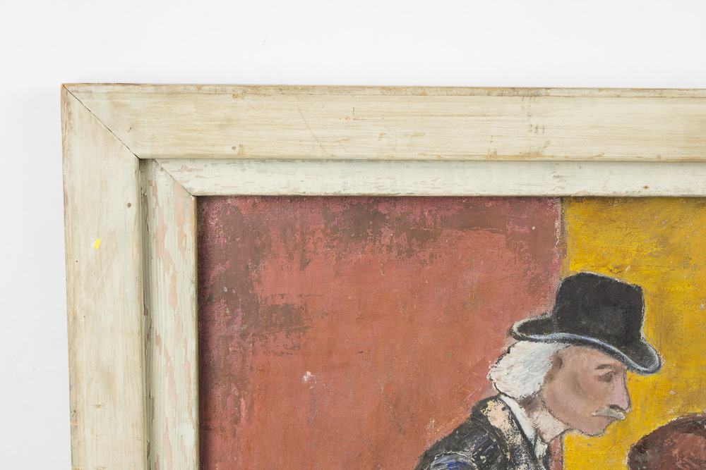 Neves Painting on Canvas of Two Figures Meeting on a Blue Street