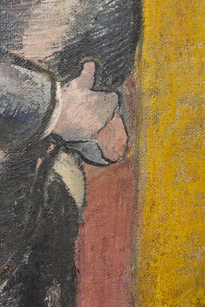 Neves Painting on Canvas of Two Figures Meeting on a Blue Street