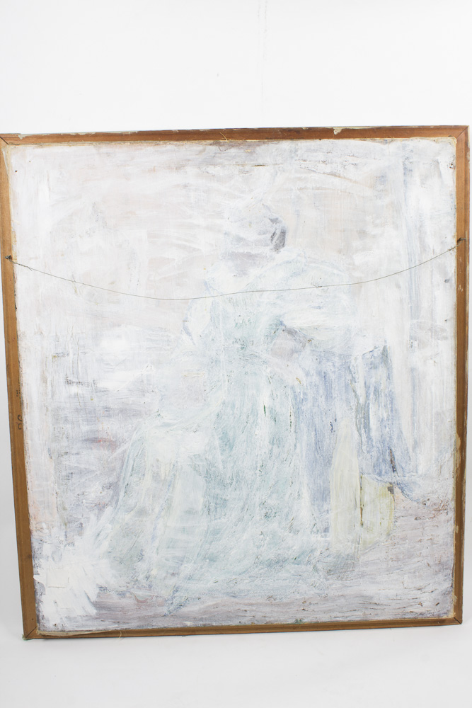 Neves Painting on Canvas of Two Figures Meeting on a Blue Street