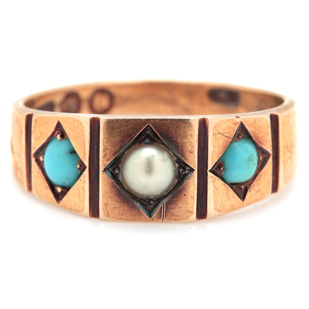 Victorian 15K Yellow Gold Seed Pearl and Turquoise Ring