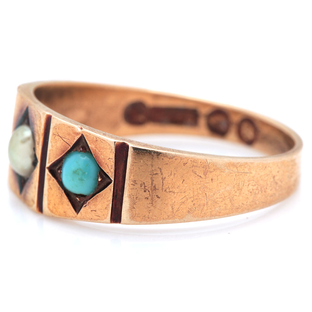 Victorian 15K Yellow Gold Seed Pearl and Turquoise Ring