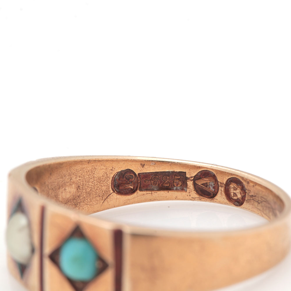 Victorian 15K Yellow Gold Seed Pearl and Turquoise Ring