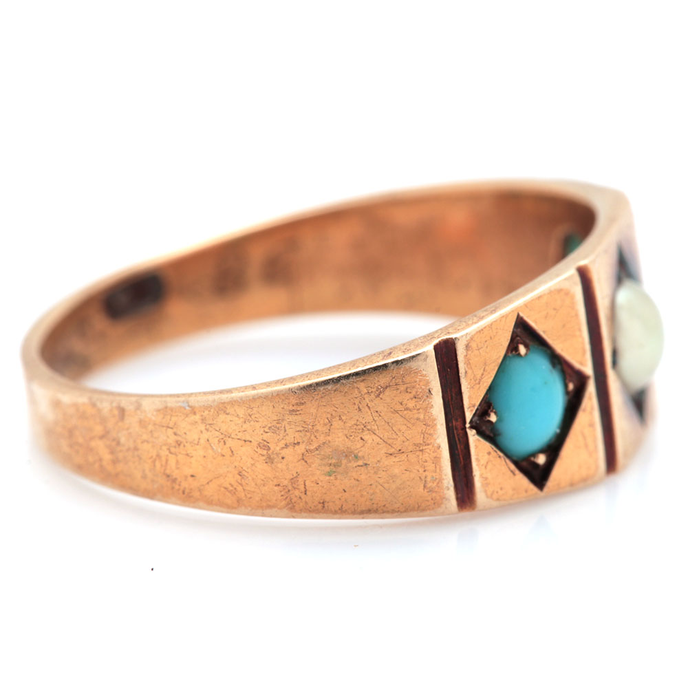 Victorian 15K Yellow Gold Seed Pearl and Turquoise Ring