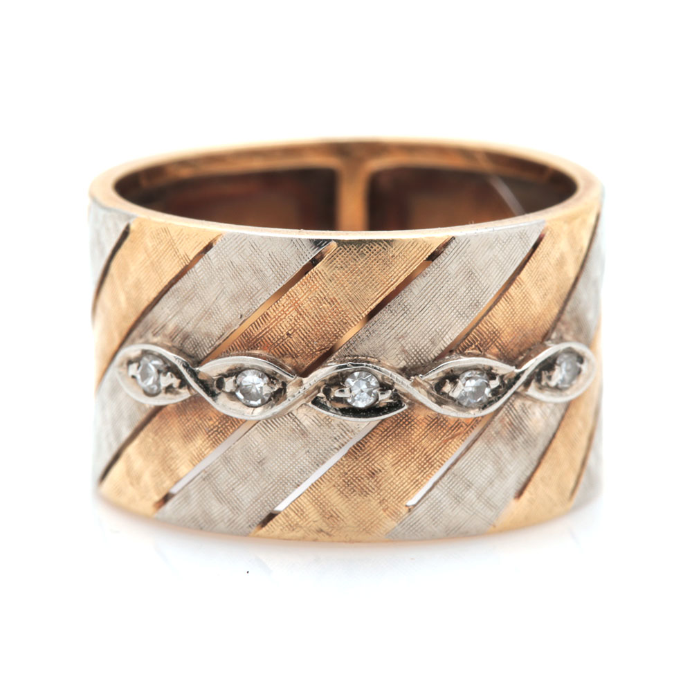 Italian 18K Two Tone Gold Diamond Barrel Ring