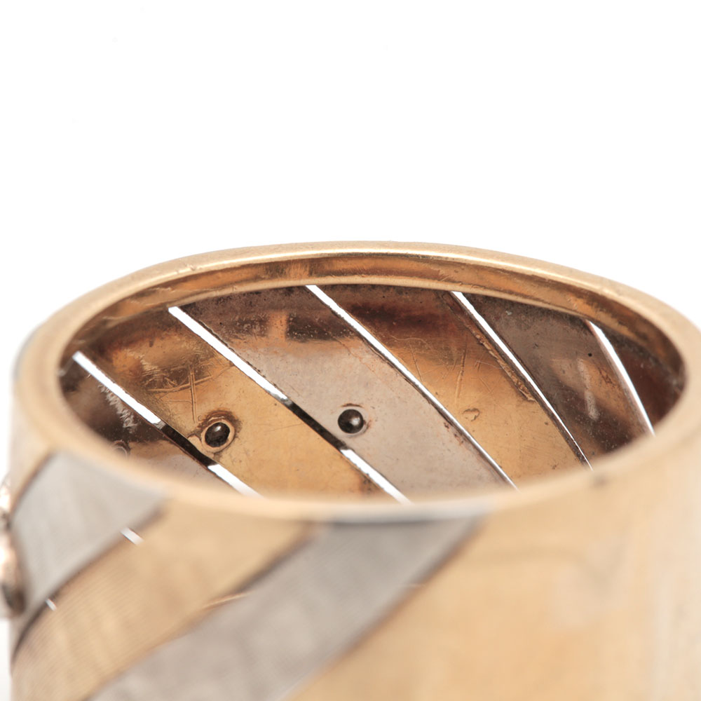 Italian 18K Two Tone Gold Diamond Barrel Ring