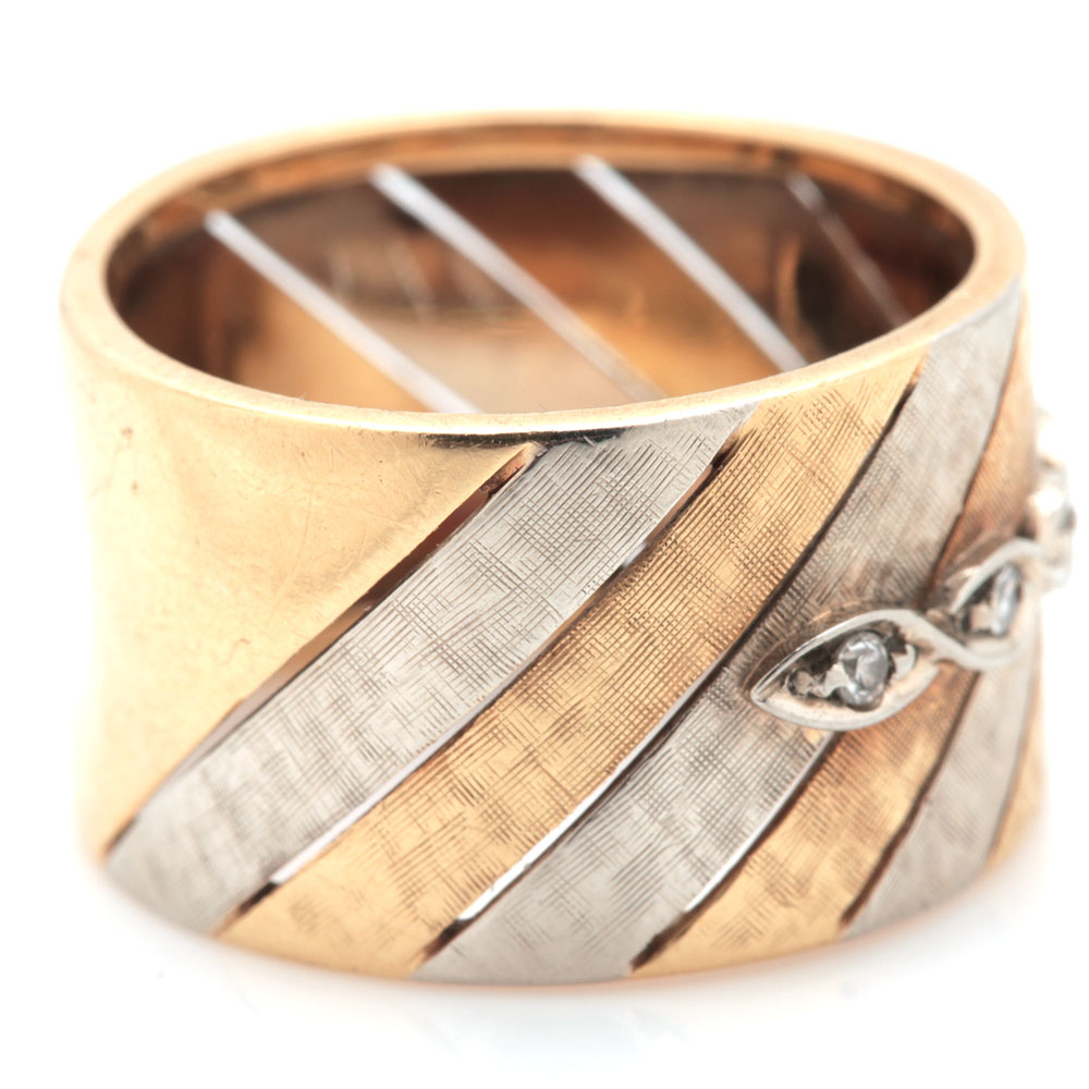 Italian 18K Two Tone Gold Diamond Barrel Ring