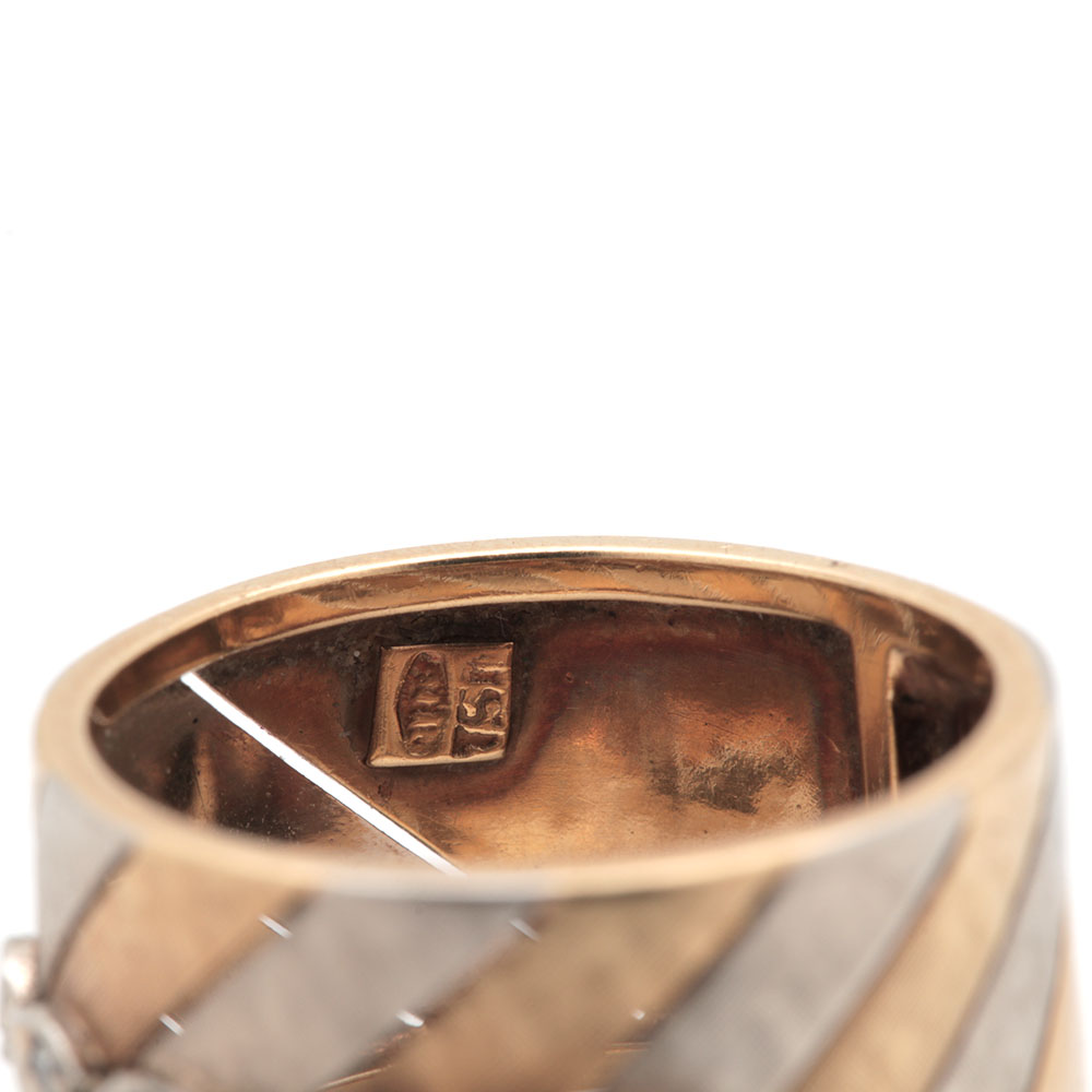 Italian 18K Two Tone Gold Diamond Barrel Ring