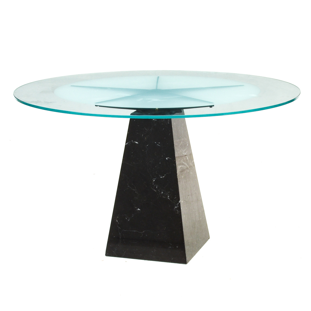Modernist Round Glass and Black Marble Dining Table