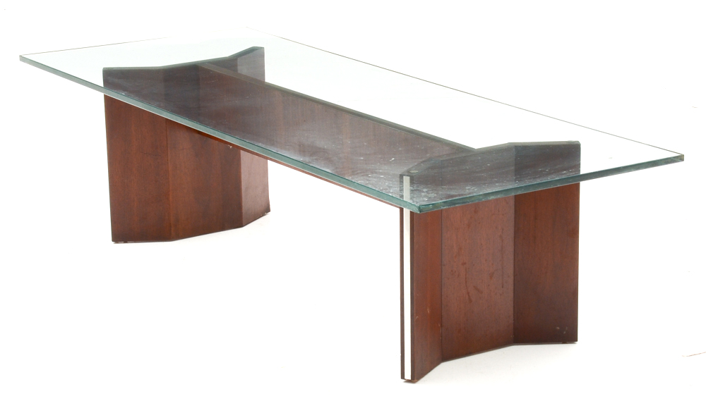 Modern Style Glass and Mahogany Coffee Table