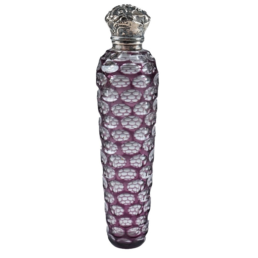 Circa 1880 Purple Overlay Tapered Scent Bottle with Silver Cap